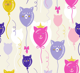 Vector seamless pattern balloons cats. Bright balloons, holiday, party, birthday. Design for printing on wrapping paper, fabric, packaging.