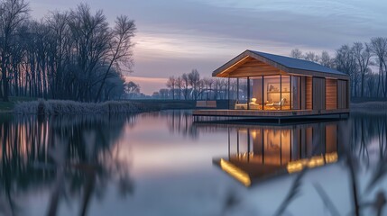 Obraz premium Compact smart cabin by lakeside, reflection on water, dusk, horizontal panorama