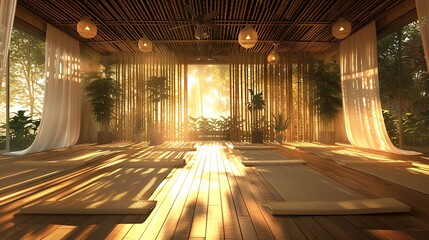 Ecofriendly yoga studio with bamboo decor, serene early morning, soft backlight, interior view