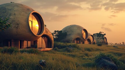 Earth homes with abstract earthen textures blending into landscapes, serene dusk - obrazy, fototapety, plakaty