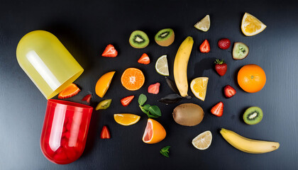 Natural Vitamins: Various Fruits outside from Pharmaceutical Capsule, Food and Natural Supplements Concept, Orange, apple, banana, kiwi, lemon, strawberry
