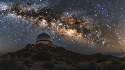 Celestial event observatory on hilltop, starry sky, wide angle - obrazy, fototapety, plakaty