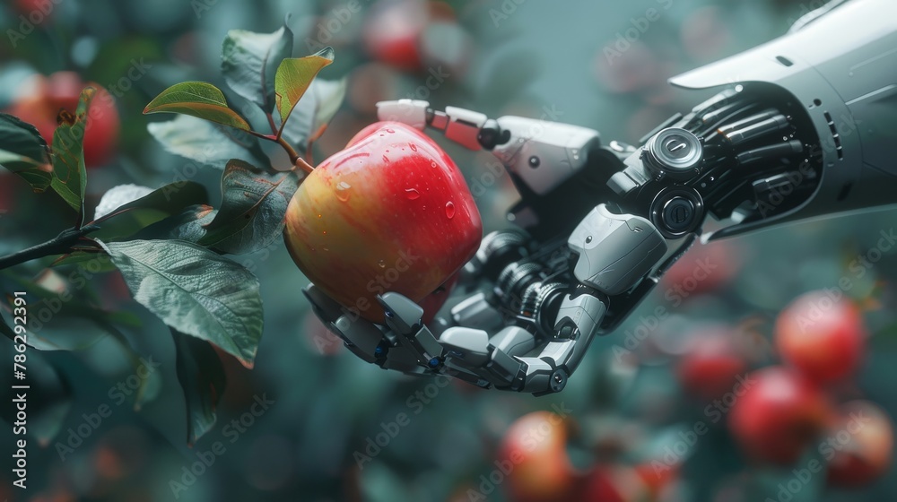Poster Three-dimensional rendering of a robot holding an apple, a GMO concept, an automation concept