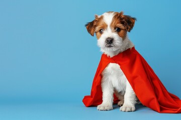Funny superhero dog flying in costume on pastel background, with ample copy space for text placement