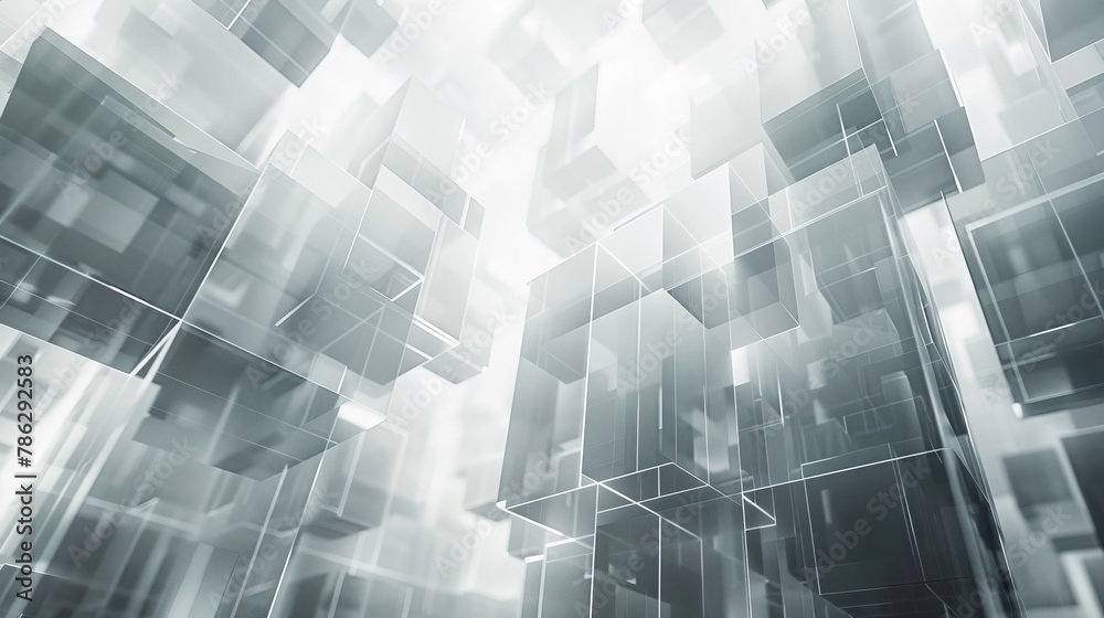 Fototapete A white high-tech digital background features intersecting low-polygonal cube structures in a double exposure 3D illustration