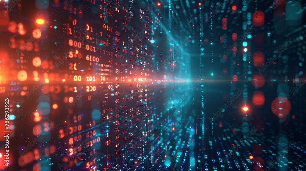 Poster A 3D rendering of a digital binary code matrix background conveying connectivity, complexity, and data flood of modern digital technology.