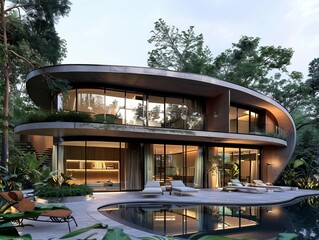 a modern house with a swimming pool in the middle of a forest