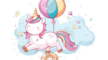 Cute Unicorn vector on sky with Donut air balloon cart