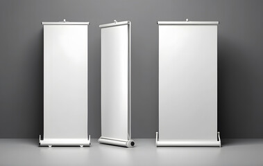 A row of white roll-up banners on a gray background, Blank vertical roll-up banner stand vector mockup