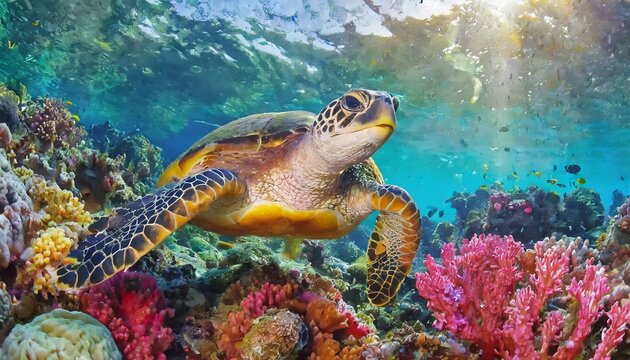 Num recife de coral vibrante, uma tartaruga marinha nada graciosamente entre os corais coloridos, sua carapa&ccedil;a reluzindo &agrave; luz do sol enquanto ela explora o mundo submarino.