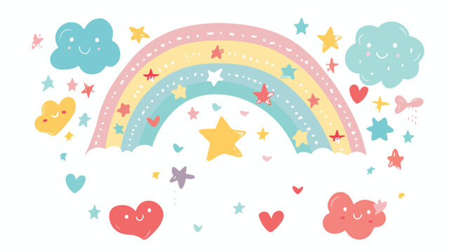 Cute vector illustration with rainbow clouds hearts