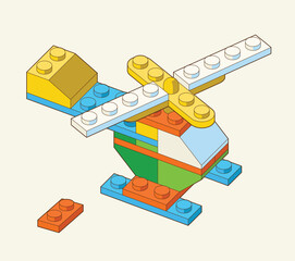 Helicopter made by blocks. Toy building block, bricks for children. Vector isometric illustration. Colored bricks isolated on background.