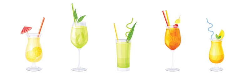 Bright Cocktail Drink Poured in Glass with Straw Vector Set