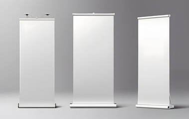A row of white roll-up banners on a gray background, Blank vertical roll-up banner stand vector mockup