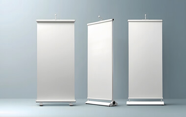 A row of white roll-up banners on a gray background, Blank vertical roll-up banner stand vector mockup