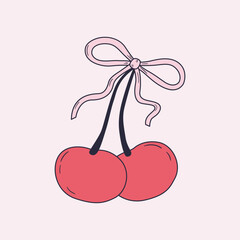 Cherry pair with cute pink bow. Coquette style berries with ribbon. Hand drawn vector illustration. Line art drawing