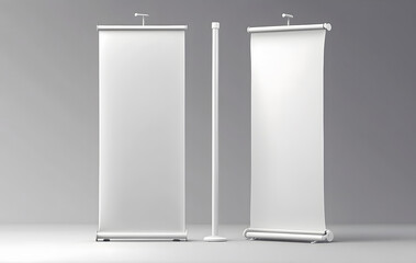 A row of white roll-up banners on a gray background, Blank vertical roll-up banner stand vector mockup