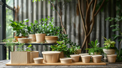 Fototapeta na wymiar Set of natural color compostable food boxes and cups with indoor plants backdrop