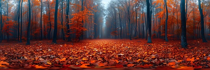 An autumn forest, with trees in shades of red, orange, and yellow, and a carpet of fallen leaves
