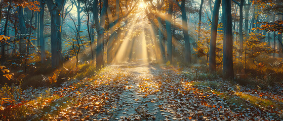 Enchanting Autumn Forest Path Illuminated by Sunlight, Creating a Magical and Inviting Outdoor Scene