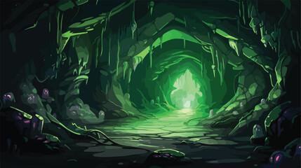 Dark cave with magic portal on dangerous swamp. Vector - obrazy, fototapety, plakaty