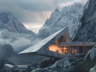 A modern house sits on a snowy mountain slope with a stunning natural landscape