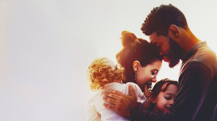 Parents embrace two children with love on white background.