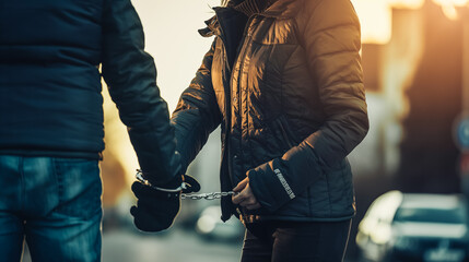 A man and woman are holding hands while a police officer is holding a pair of handcuffs. Scene is tense and serious, as the police officer is arresting the man - obrazy, fototapety, plakaty