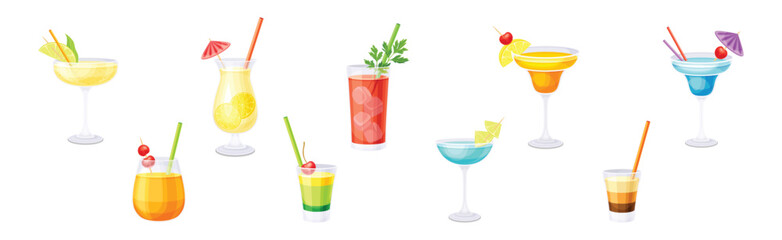 Bright Cocktail Drink Poured in Glass with Straw Vector Set