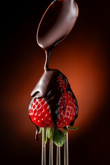 Melted dark chocolate covers a single strawberry in extreme close-up
