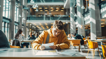 A young man in a yellow hoodie is sitting at a table in a library, reading a piece of paper. The scene is quiet and peaceful, with other people sitting at tables around him. The atmosphere is focused - Powered by Adobe