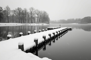 a black and white photo of a dock covered in snow - Powered by Adobe