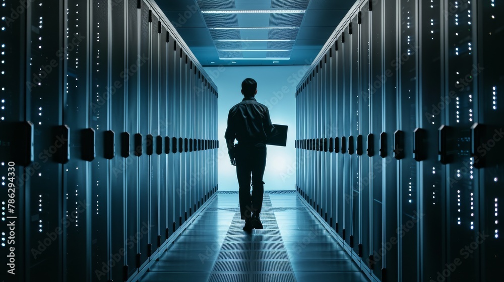 Fototapete Black Data Center IT Technician Visually inspecting working server cabinets through server rack corridor with a laptop computer.