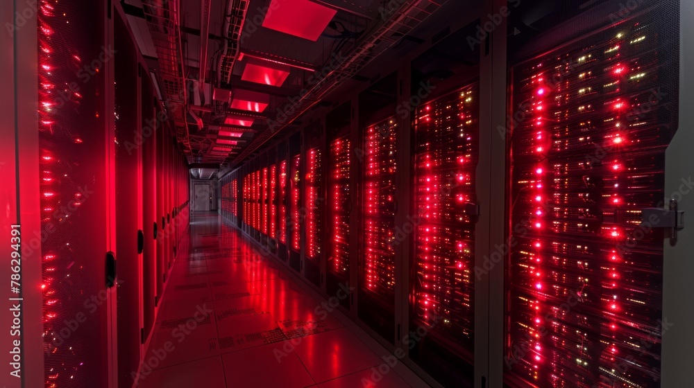 Poster Wide-angle panorama shot of a data center showing rows of rack servers and emergency led lights blinking.