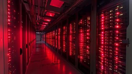 Wide-angle panorama shot of a data center showing rows of rack servers and emergency led lights blinking.