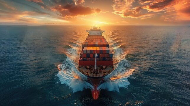 Container ship arriving in port, containership and tug boat going to deep sea, logistic business import export international shipping and transportation concept, Aerial view.