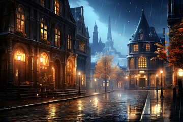 An old  town street at dusk with rain-soaked road reflecting city lights.