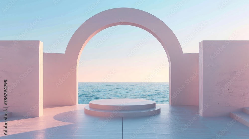 Sticker Scene with geometrical forms, arch with podium, minimal landscape background, sea view, 3D render background.