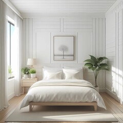 White apartment bedroom with natural wooden furniture image. Ai generative