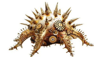 sea urchin with spines of gleaming brass, each one adorned with delicate clockwork mechanisms. This steampunk echinoderm scuttles along the ocean floor, a sile
