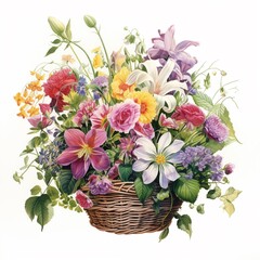 Fototapeta na wymiar Basket of summer blooms, single line, seasons best, white background, shadow of abundance