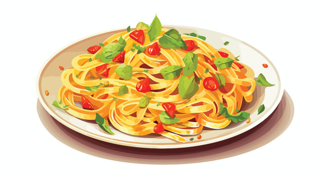 Delicious pasta and vegetables on a white plate flat vector
