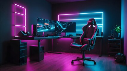 Gaming room neon lights, Interior of colorful modern gaming room with neon light. Playing videogames, watching movies, hobby, entertainment and gaming concept.