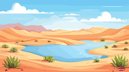 Desert landscape with dunes and lake. Cartoon vector Illustration