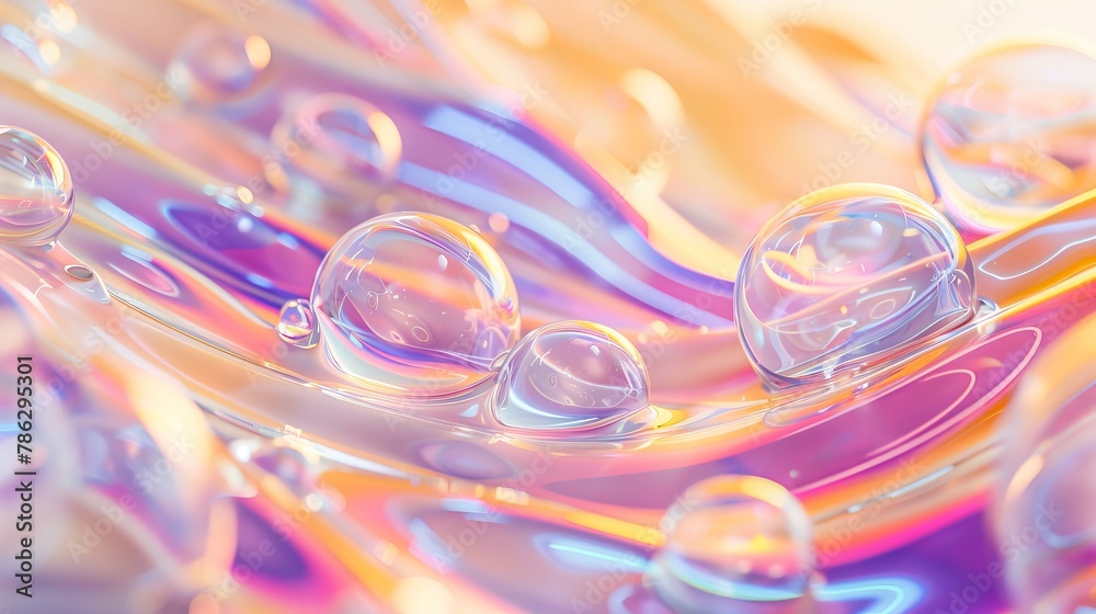 Poster Background with abstract 3D art. Holographic liquid blobs, soap bubbles, metaballs.......