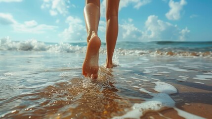 Person barefoot legs close up walk on beach. Girl goes into water. Feet run seacoast. Guy training outdoor closeup. Happy active man lifestyle. Fun childhood. People enjoy cool water. New life concept