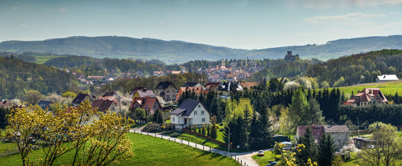 Bolkow, Lower Silesia, Poland - 05-03-2023: Bolkow Town panorama in a sunny spring day, view from Swiny Castle