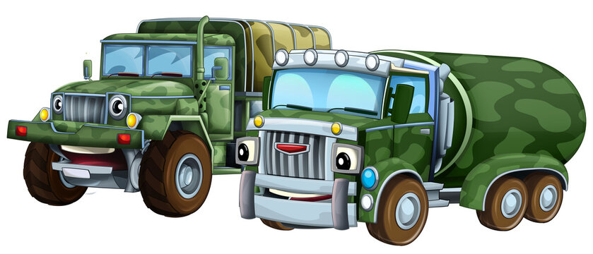 recommend clip art: cartoon scene with two military army cars vehicles theme isolated background illustration for children
