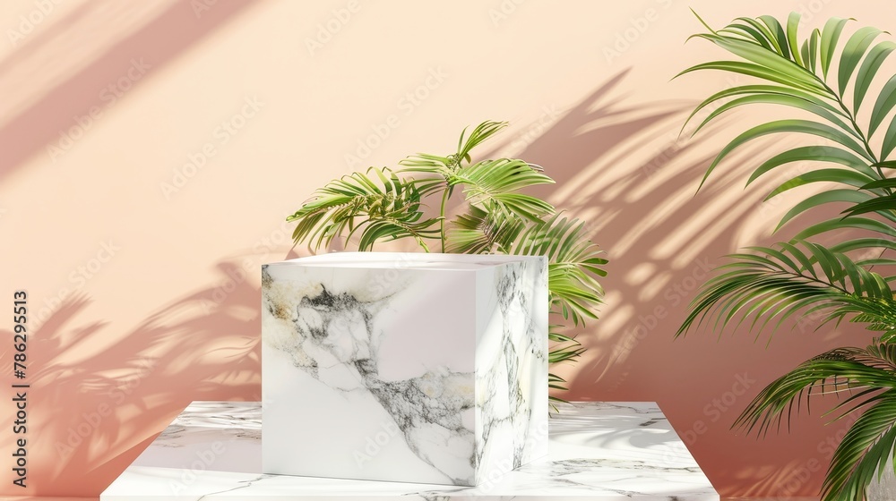 Poster The backdrop is a natural beauty poduim with an empty cube box for display of cosmetics. The background is a fashion beauty background with a marble stone texture. 3D rendering is available.