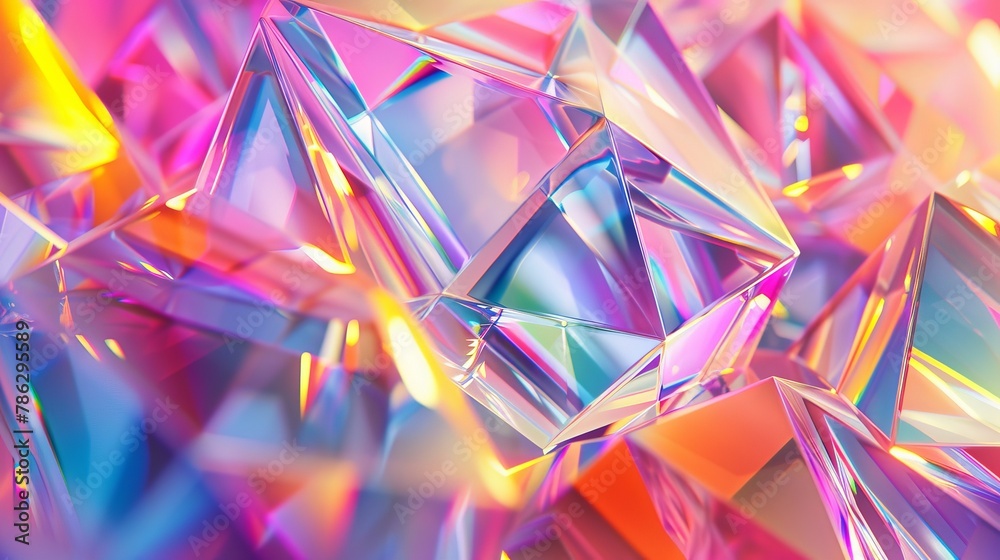 Poster background made of geometric crystals, iridescent texture, faceted gem, and liquids. this is a 3d re